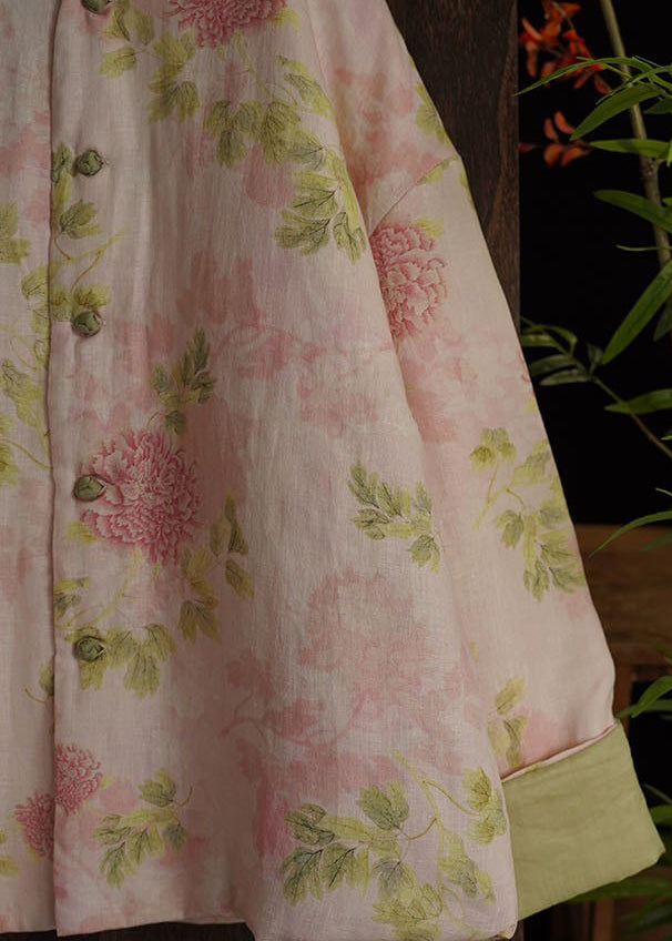 Pink O Neck Print Fine Cotton Filled Coats Long Sleeve