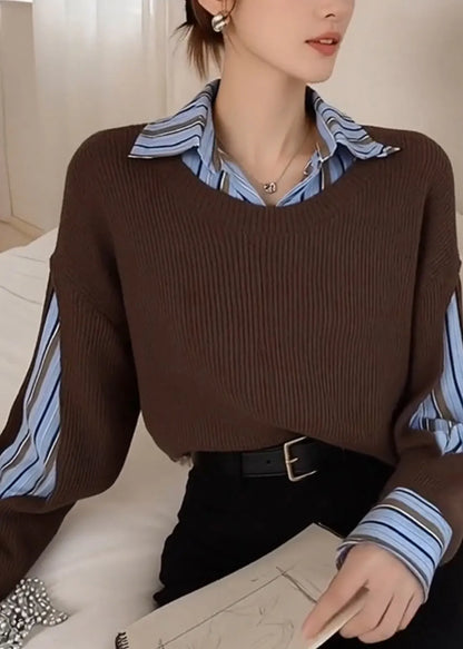 Style Brown Peter Pan Collar Patchwork Knit Fake Two Piece Shirts Spring