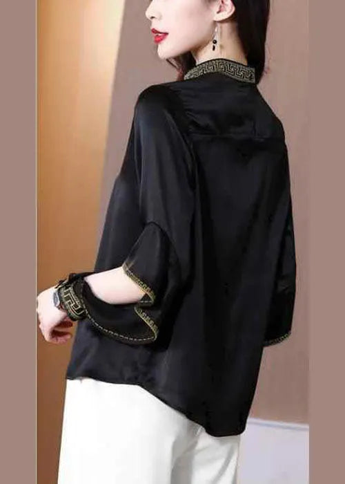 Black Stand Collar Embroideried Ruffles Silk Shirt Spring