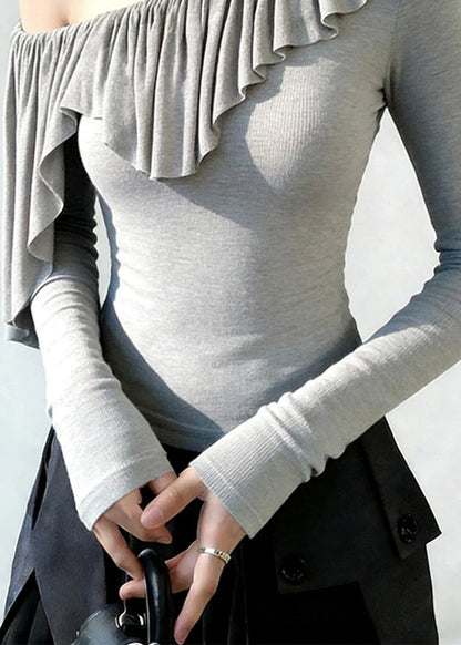Grey One Shoulder Ruffles Cotton Top Spring