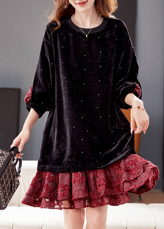 Loose Black Nail Bead Lace Patchwork Silk Velour Dress Winter
