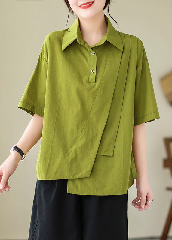 Green Peter Pan Collar Asymmetrical Cotton Shirt Top Summer