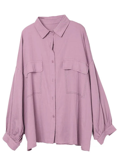 Purple Peterpan Collar Button Pockets Fall Shirt Long Sleeve