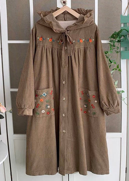 Pink Hooded Embroideried Lace Up Cotton Long Coats Spring
