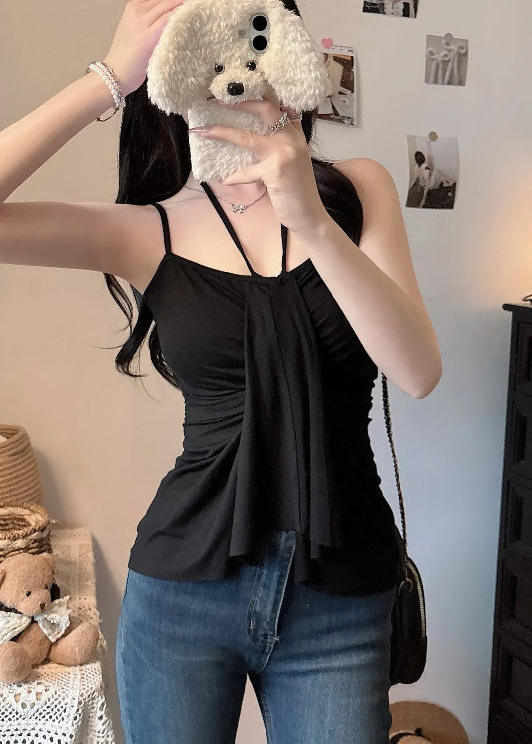Black Asymmetrical Cotton Halter Vest Summer