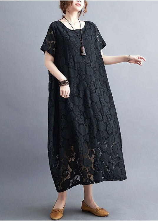 Black Lace a Line Dress O-neck Hollow Out Summer