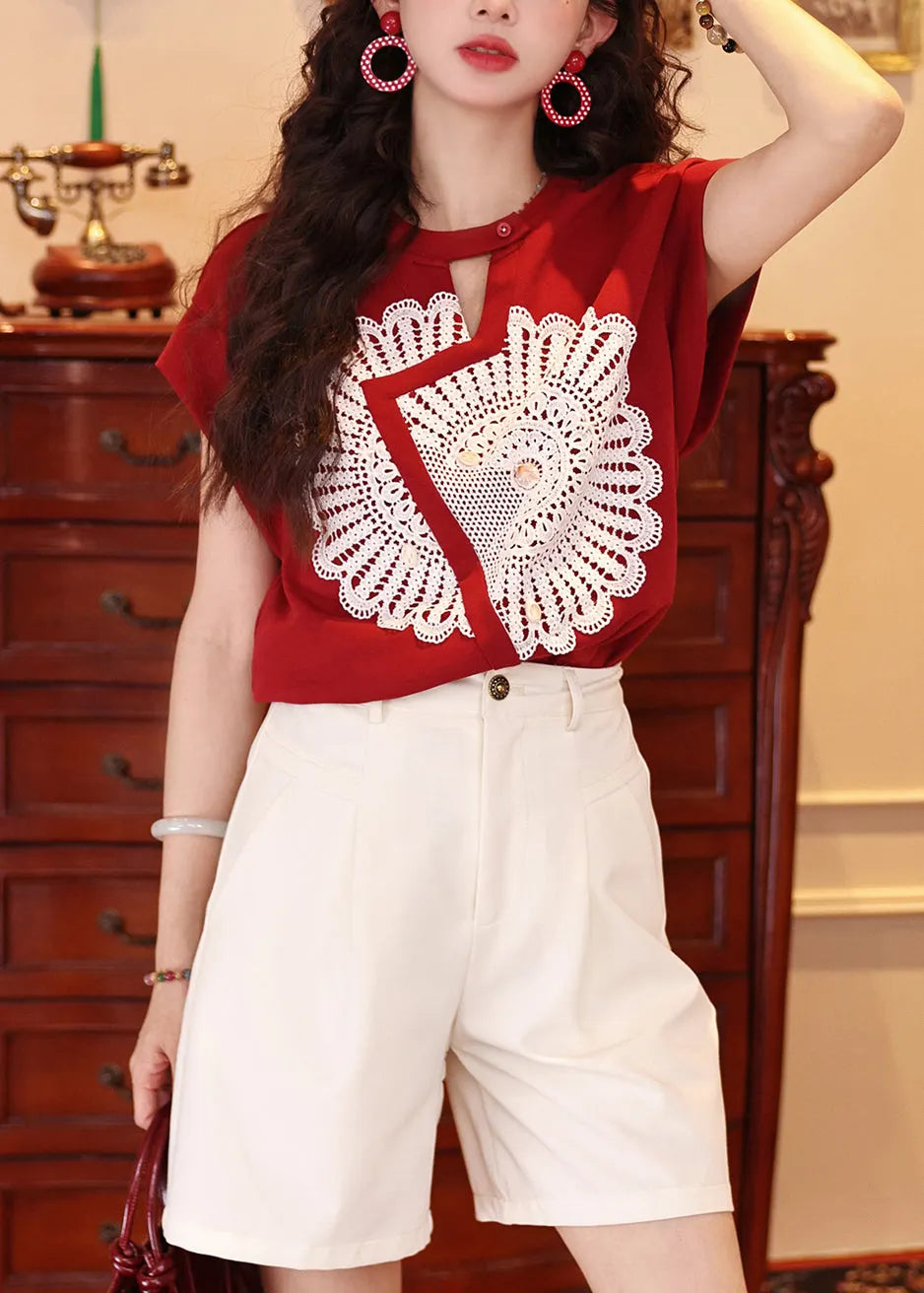 French Red Asymmetrical Patchwork Lace Tank Tops Summer