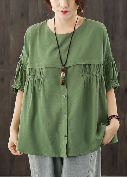 Green O-neck Patchwork Button Wrinkled Fall Half Sleeve Top