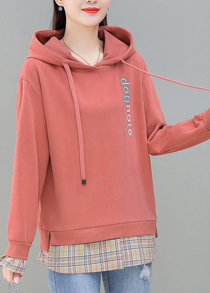 Red Patchwork Fake Two Pieces Hooded Cotton Sweatshirt Long Sleeve
