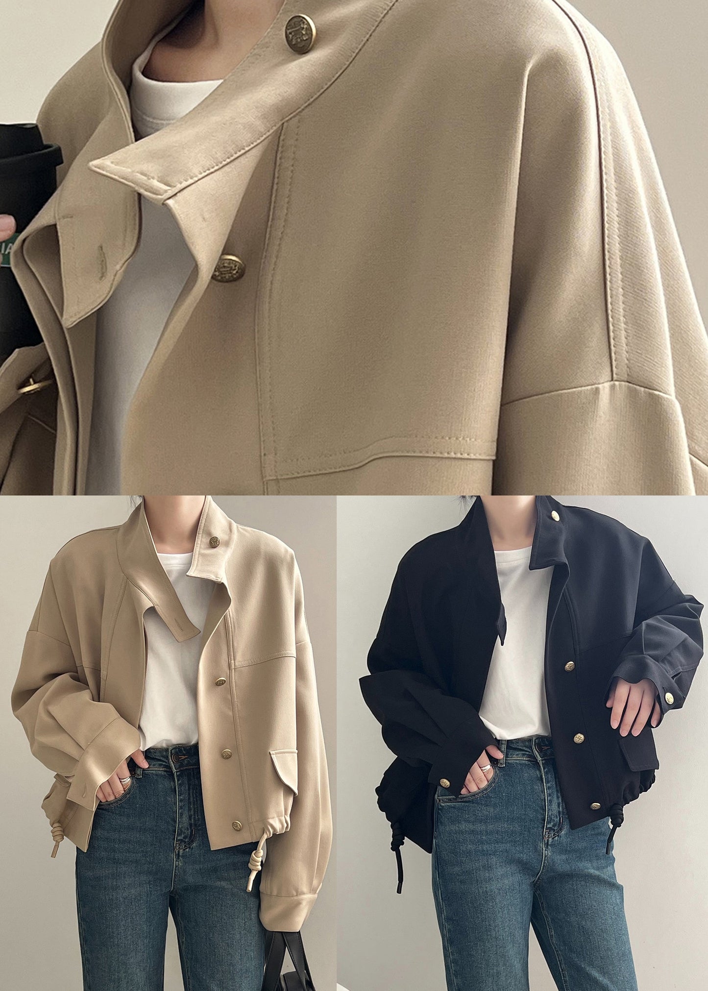 Khaki Stand Collar Drawstring Cotton Coat Outwear Fall