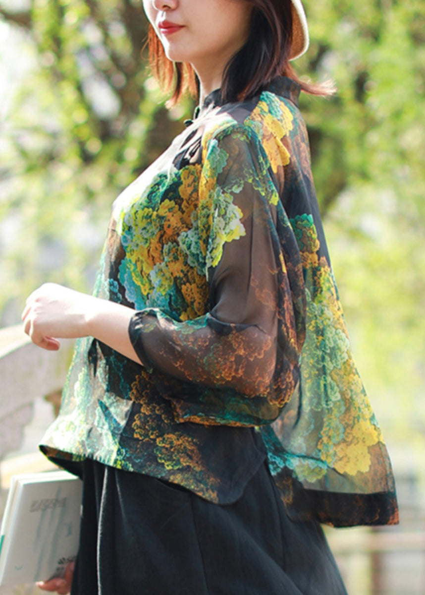 Photo Color Stand Collar Print Button Tulle Shirt Bracelet Sleeve