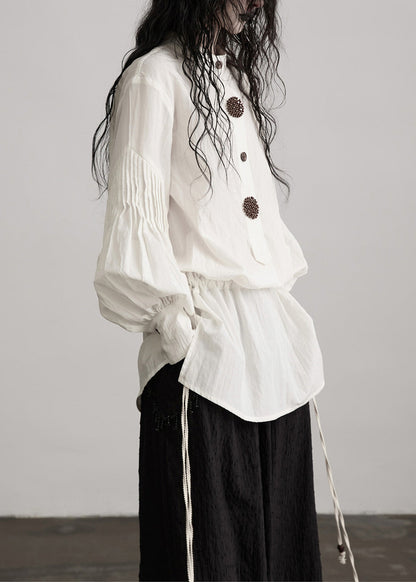 French White O-neck Puff Sleeve Patchwork Cotton Tops Fall