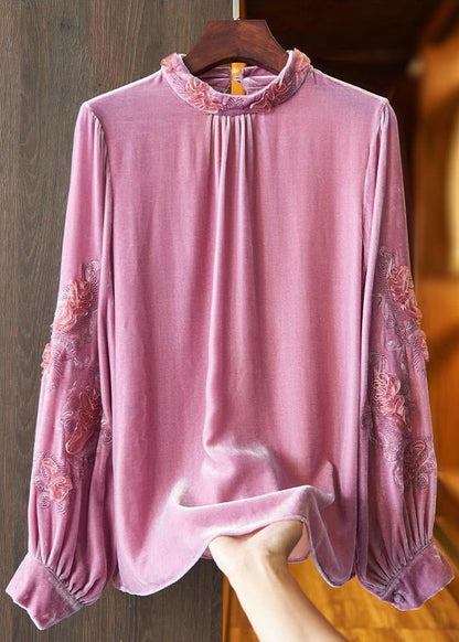 Pink Stand Collar Embroideried Velour Top Long Sleeve