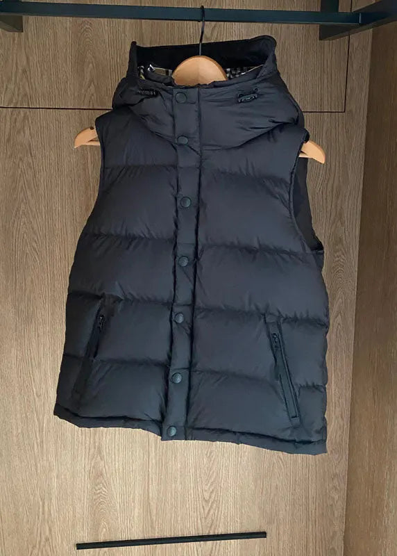 Simple Black Hooded Color Duck Down Puffer Vest Sleeveless