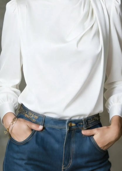 White O Neck Wrinkled Silk Shirts Spring