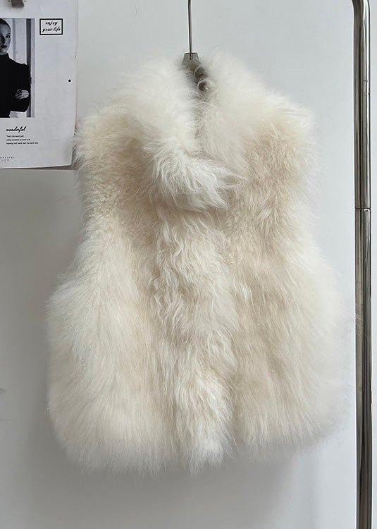 Handmade Beige Stand Collar Leather and Fur Coat Sleeveless