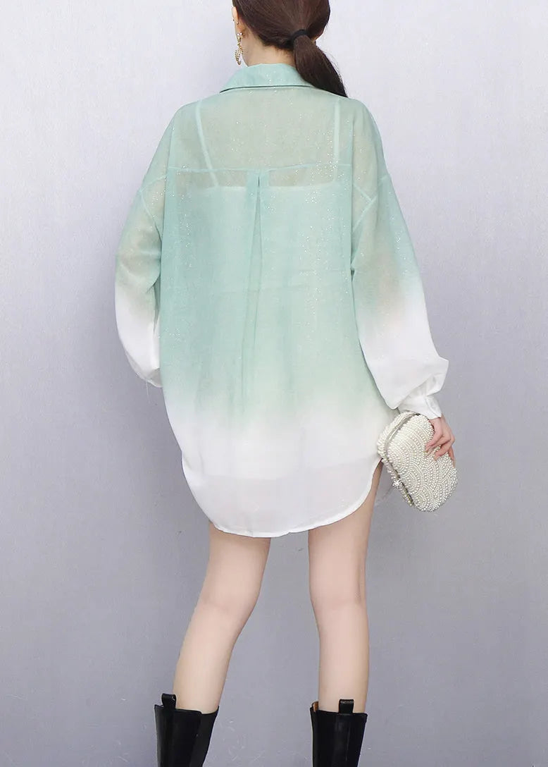 Gradient Green Butterfly Decorated Shirt Long Sleeve