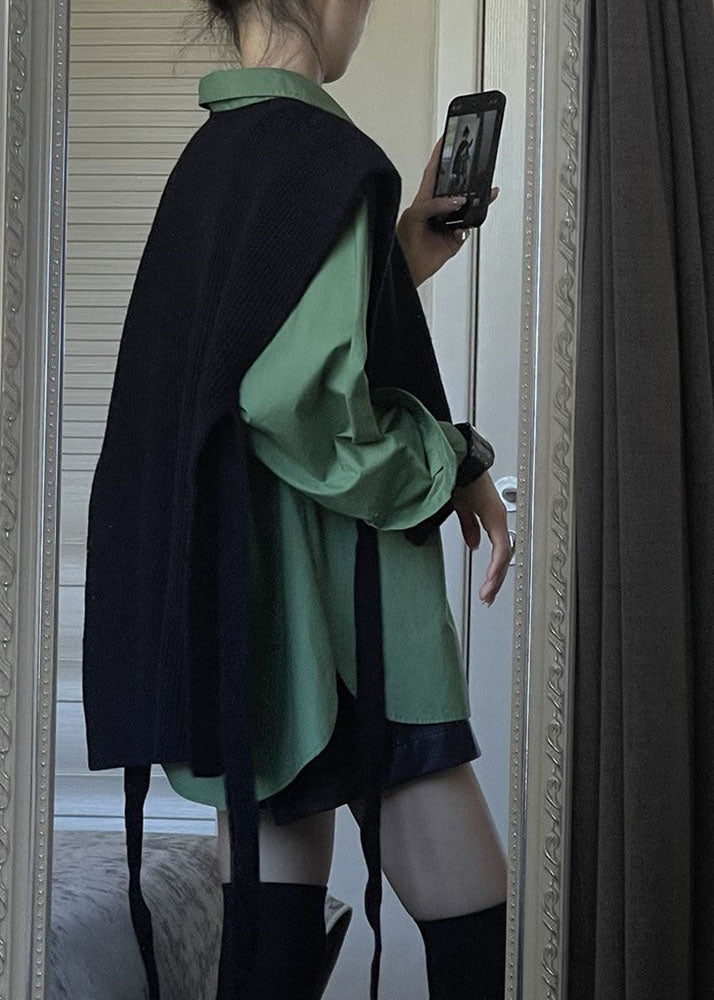 Natural Green Asymmetrical Patchwork Knit Waistcoat and Shirts Two Piece Set Fall