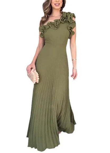 Army Green One Shoulder Pleated Dress Summer