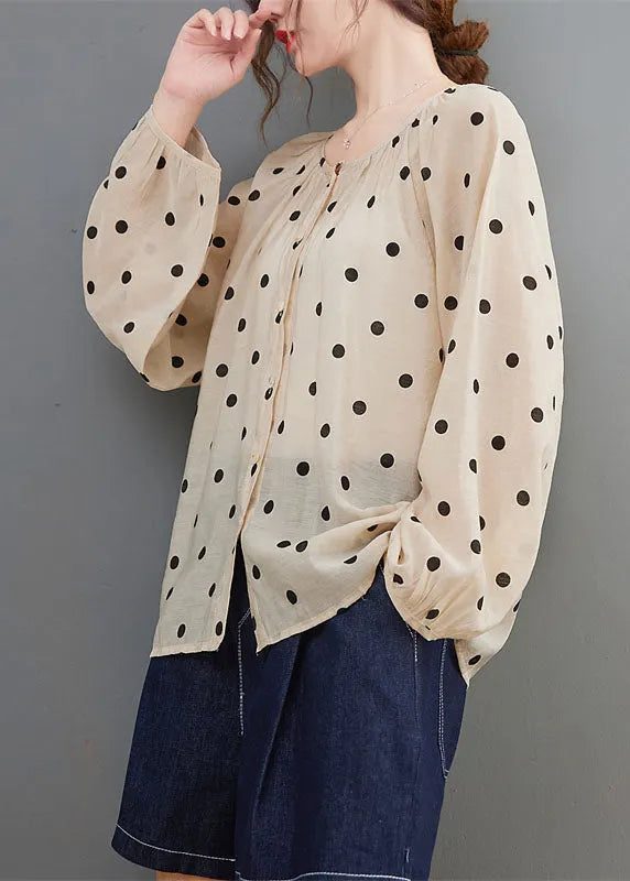 Apricot Loose Button Print Fall Dot Long Sleeve Tops