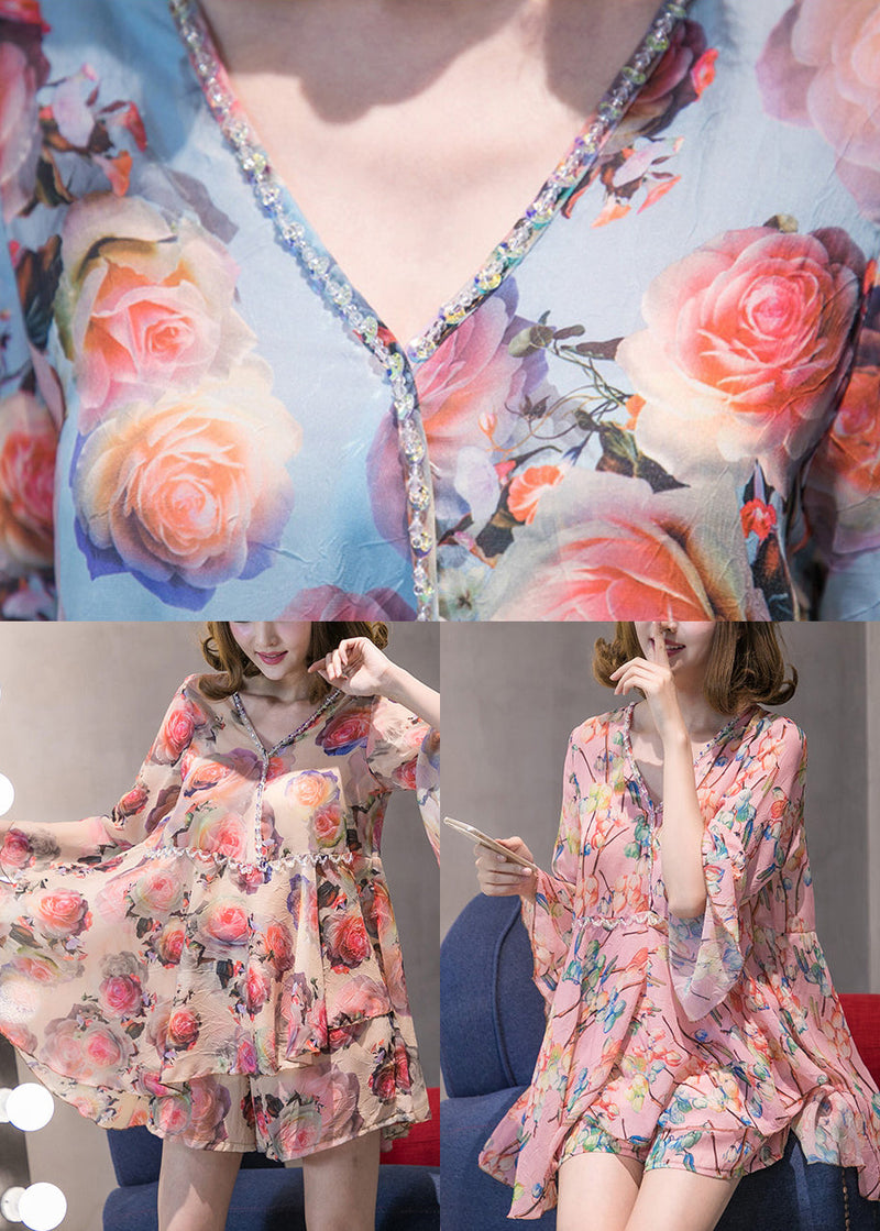 Orange Pink Patchwork Chiffon Top Hot Pants Two Pieces Set Flare Sleeve