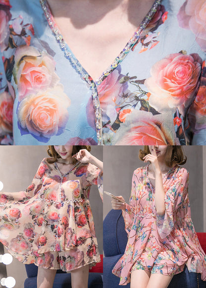 Branch Pink V Neck Chiffon Top Hot Pants Two Pieces Set Flare Sleeve