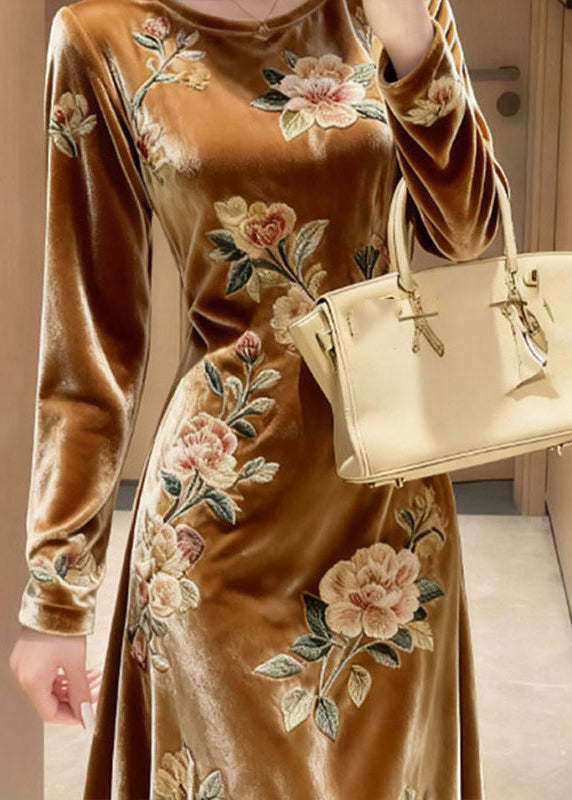 Unique Yellow O-neck Embroidered Silk Velvet Maxi Dresses Fall