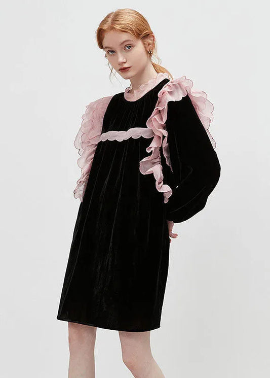 Black Stand Collar Patchwork Ruffled Velour Mid Dresses Spring