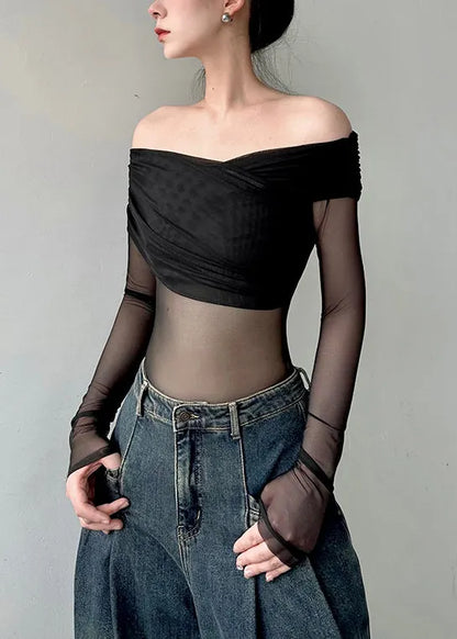 Black Cold Shoulder Tulle Blouse Tops Fall