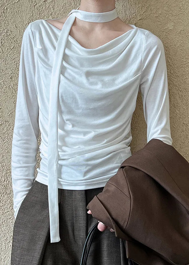 White Fitted Cotton T Shirts Top Wrinkled Long Sleeve