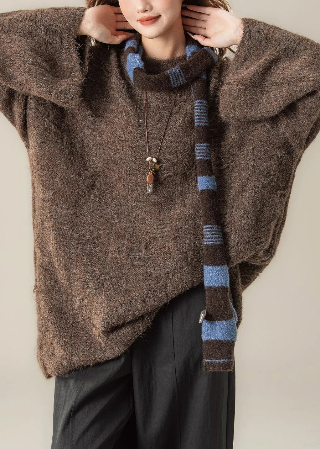 Loose Coffee O Neck Cozy Knit Sweater Tops Spring
