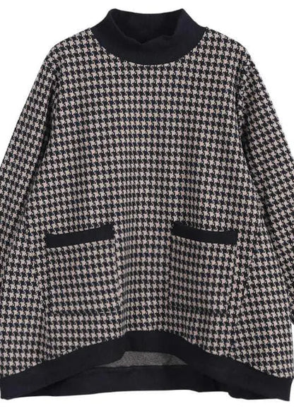 White Plaid Turtleneck Pockets Patchwork Top Long Sleeve