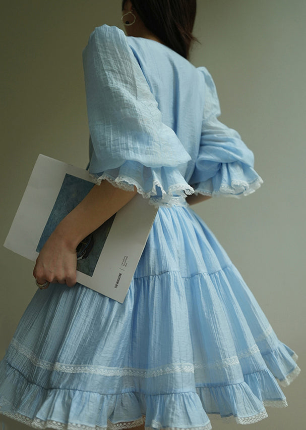 Blue Ruffled Lace Shirt and Skirts Cotton Two Pieces Set Half Sleeve