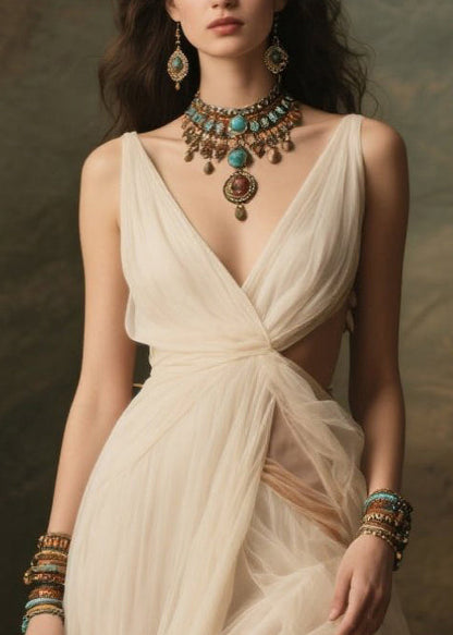 White V Neck Exra Large Hem Tulle Robe Dresses Summer