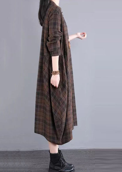 Coffee Plaid Patchwork Cotton Shirts Dress Fall