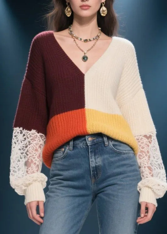 Colorblock V Neck Lace Patchwork Knit Sweater Fall