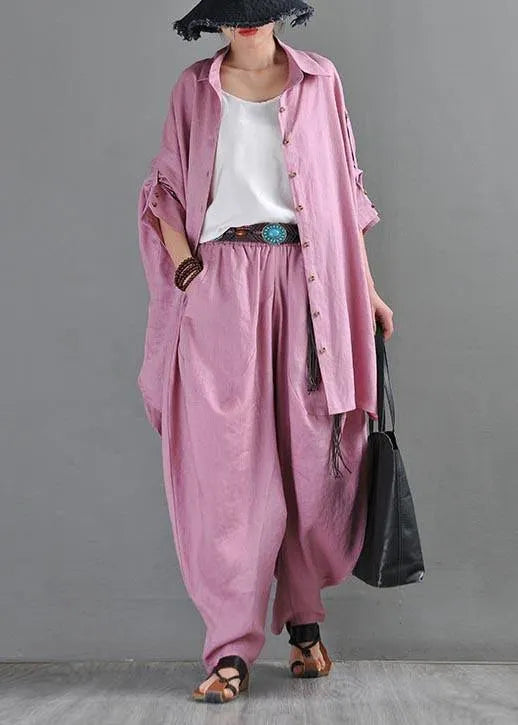 Fitted Pink Purple Side Open Cotton Linen Summer Blouse Top