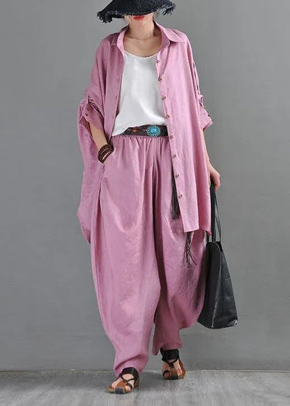 Fitted Pink Purple Side Open Cotton Linen Summer Blouse Top