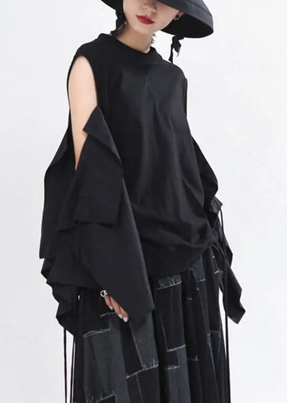 Art Black O-neck Drawstring Flare Sleeve Shirts Spring