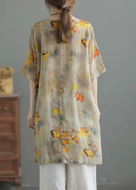 Yellow O-neck Print Button Side Open Linen Tops Half Sleeve
