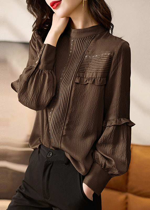 Chocolate Ruffled Patchwork Silk Shirt Tops Spring