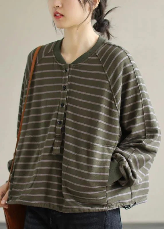 Green Striped Tops Blouses O Neck Clothing Spring Shirt