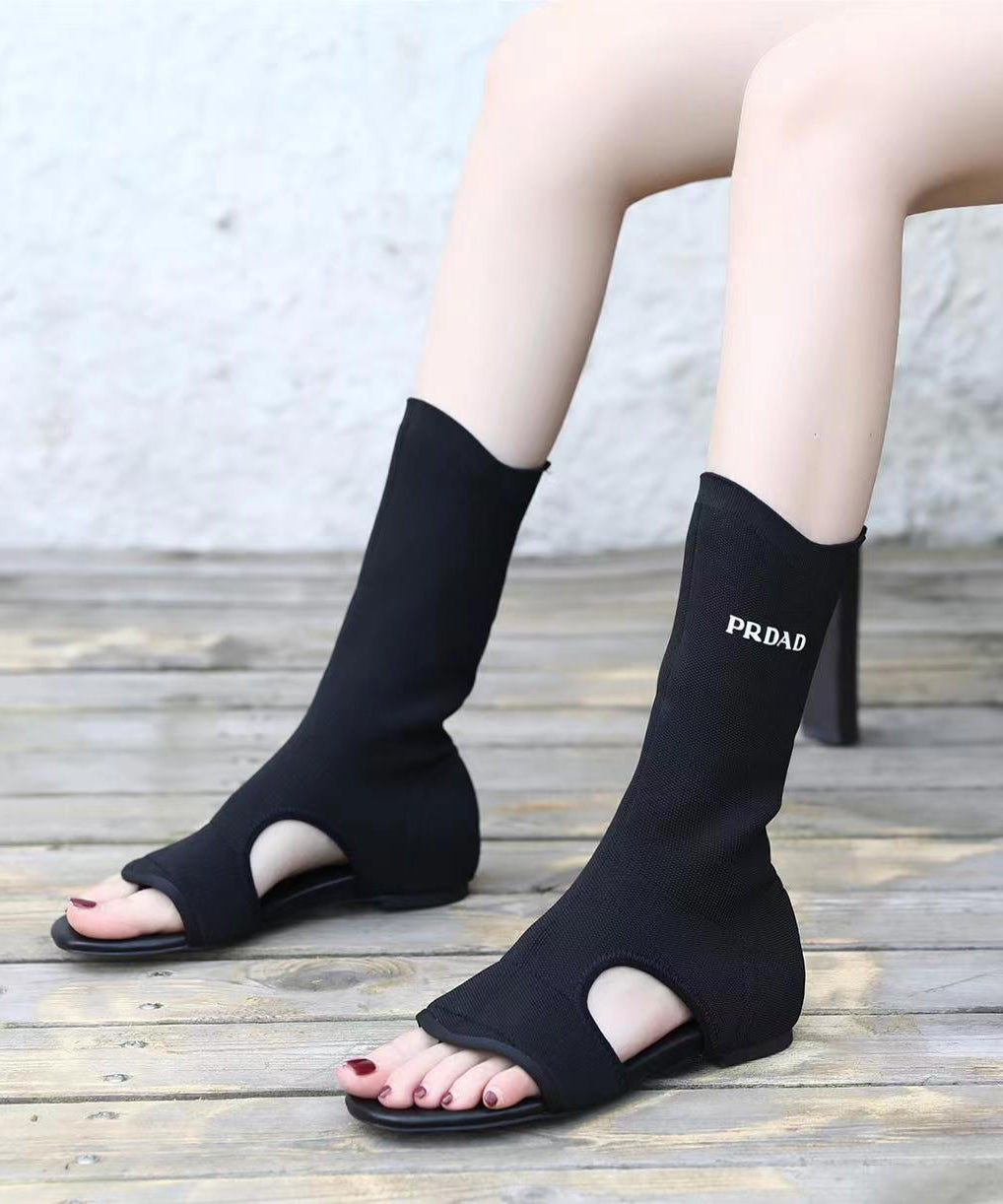 Black Hollow Out Peep Toe Splicing Boots