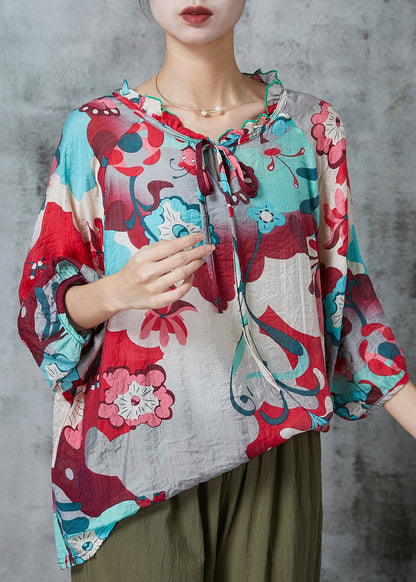 Red Ruffled Print Linen Shirts Bracelet Sleeve