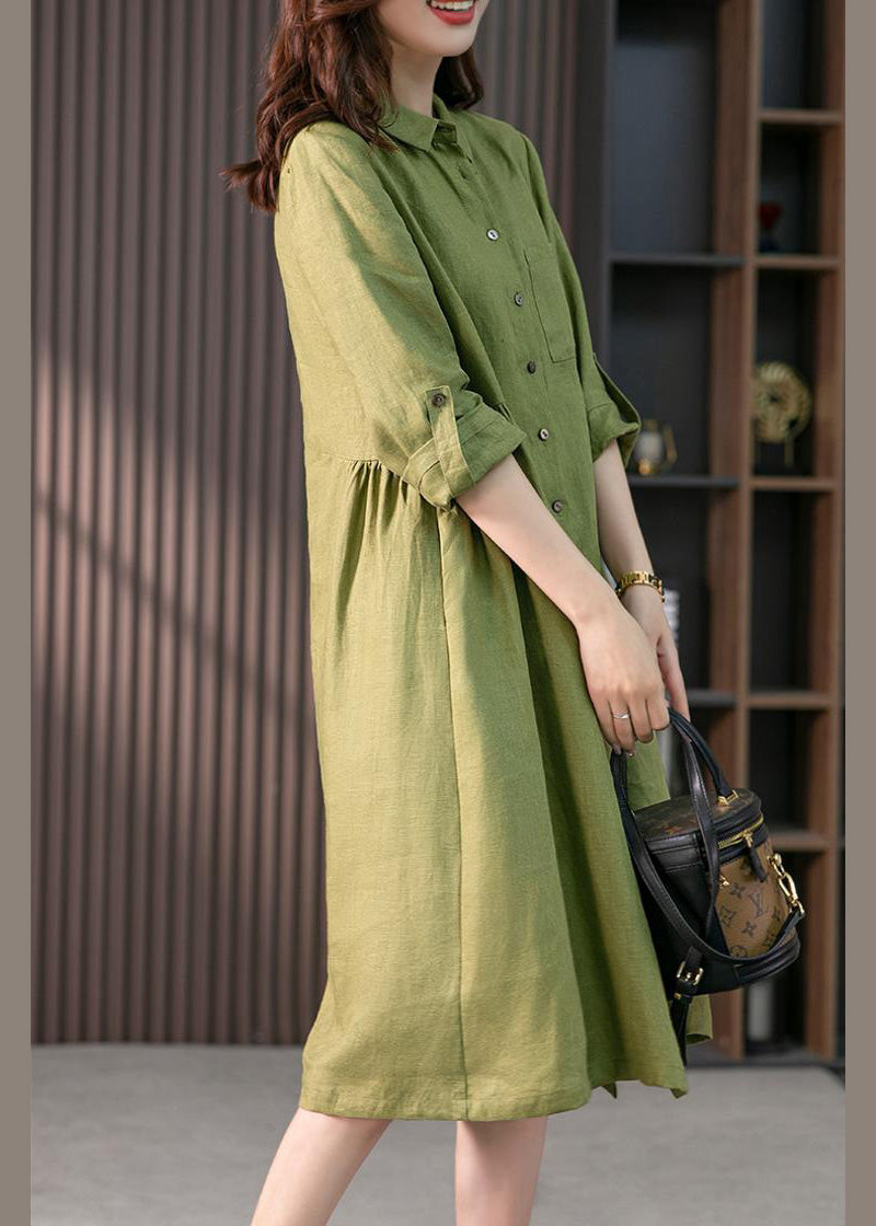 Pink Peter Pan Collar Button Wrinkled Cotton Maxi Dresses Long Sleeve Fall