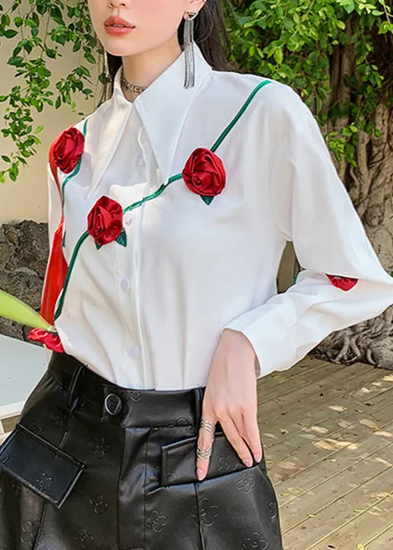 Italian White Peter Pan Collar Roses Patchwork Button Shirt Long Sleeve