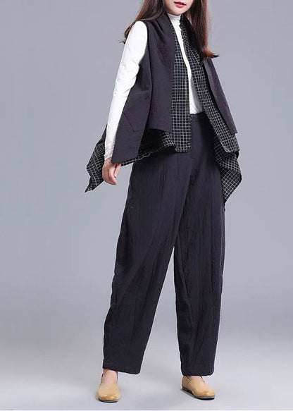 Style Black Patchwork Pockets Asymmetrical Design Fall Sleeveless Vest + Pants Two Pieces Set