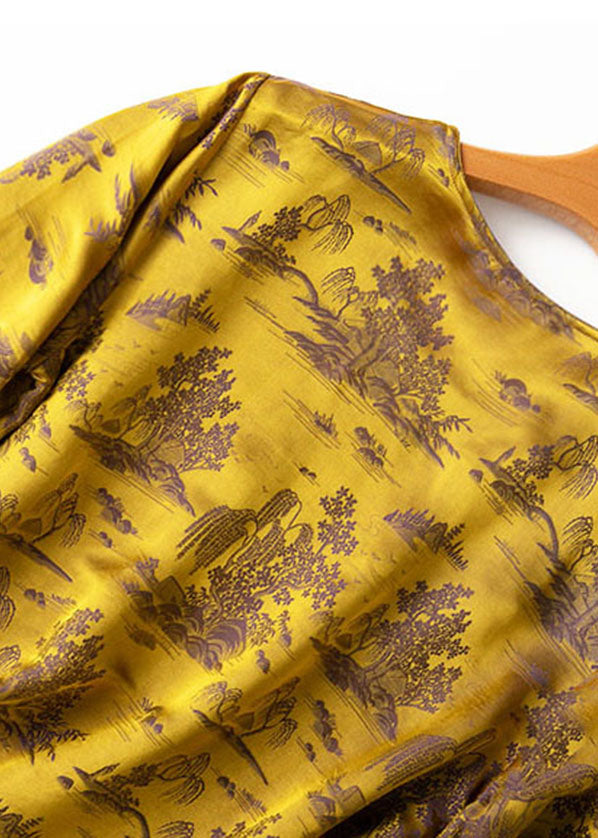 Yellow Jacquard Side Open Draping Silk Shirt Tops Short Sleeve