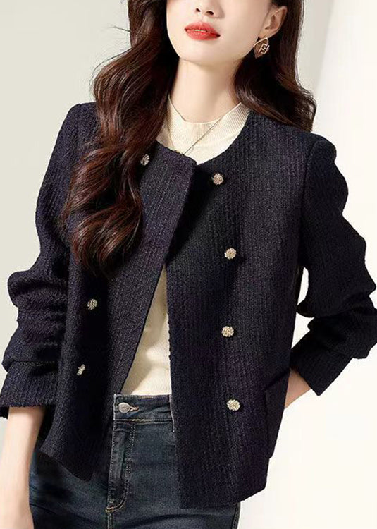 Black O Neck Double Breast Patchwork Cotton Coats Fall