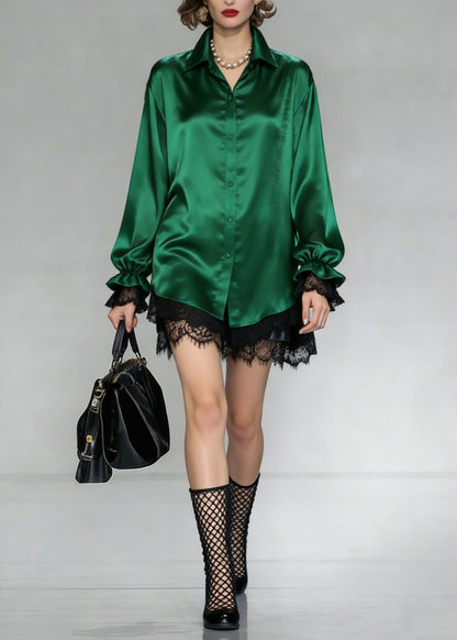 Green Peter Pan Collar Patchwork Silk Shirt Spring